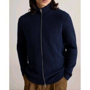 Quince Sweater Mens Large Navy Blue 100% Mongolian Cashmere Full Zip Ribbed Knit